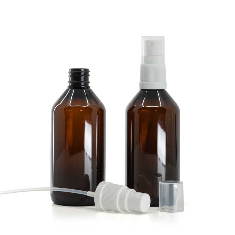 Bouteille en plastique ambrée, spray blanc, 115 ml