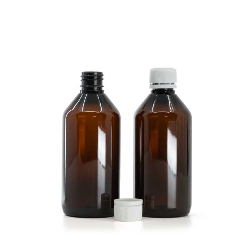 Bouteille en plastique ambrée, bouchon de sécurité blanc, 115 ml