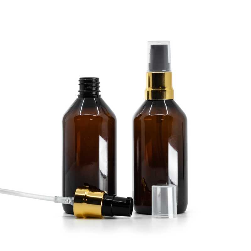 Bouteille en plastique ambrée, pompe noire dorée brillante avec bouchon transparent, 115 ml