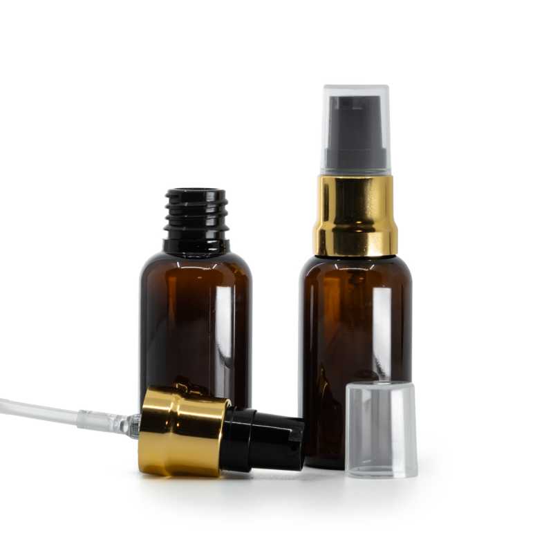 Flacon en plastique ambré, pompe noire dorée brillante avec bouchon transparent, 30 ml