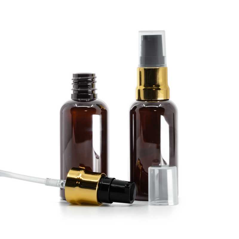 Flacon en plastique ambré, pompe noire dorée brillante avec bouchon transparent, 50 ml