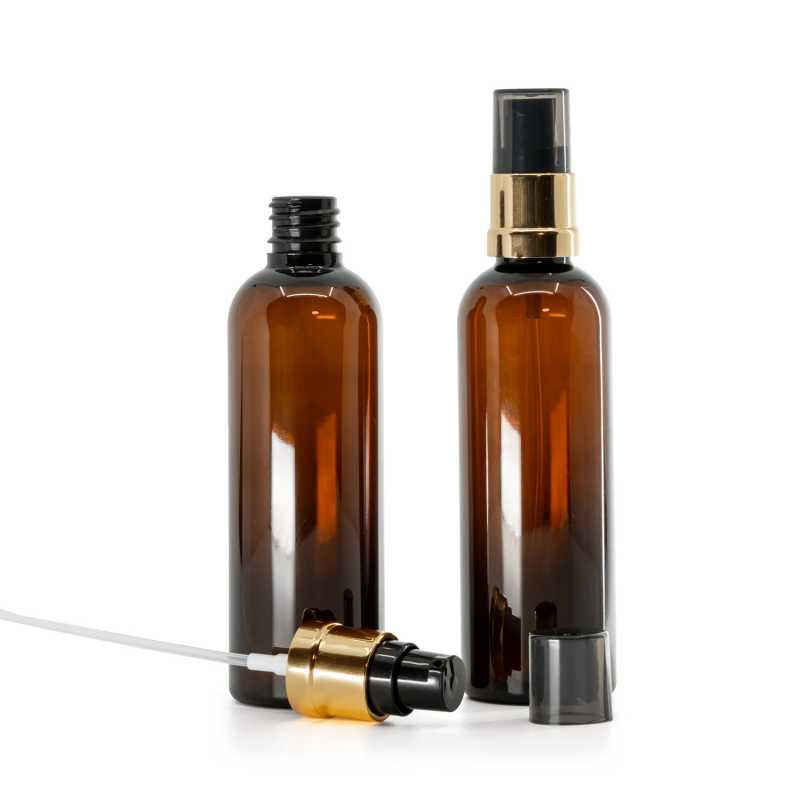 Bouteille en plastique ambrée, pompe noire dorée brillante, 100 ml