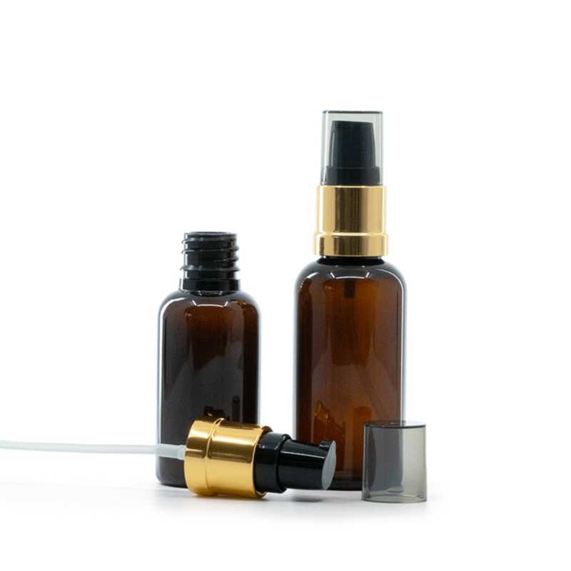 Flacon en plastique brun, pompe noire et dorée brillante avec surcapuchon fumé, 50 ml