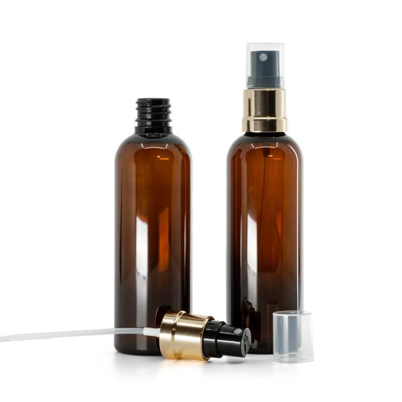 Bouteille en plastique ambrée, spray noir doré, 100 ml