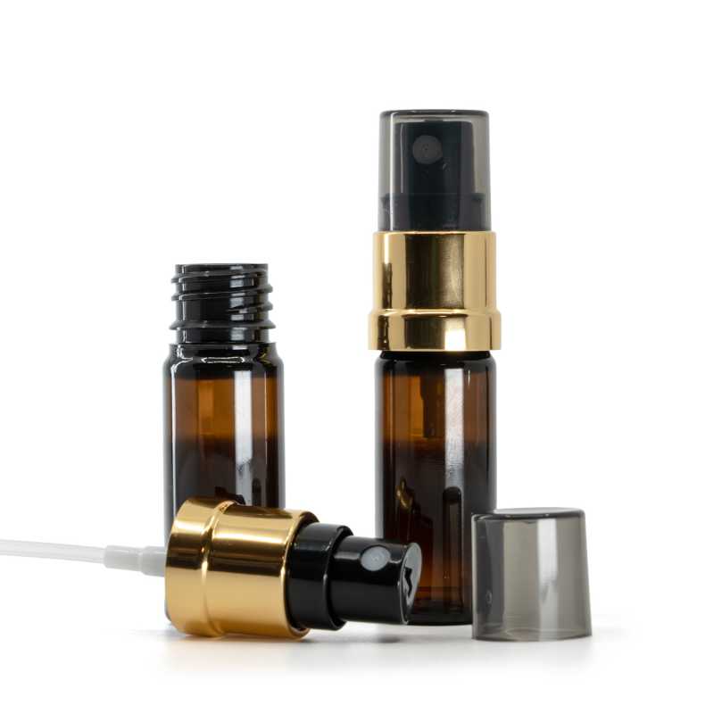 Flacon en plastique ambré, spray noir et or avec surcapot fumé, 10 ml