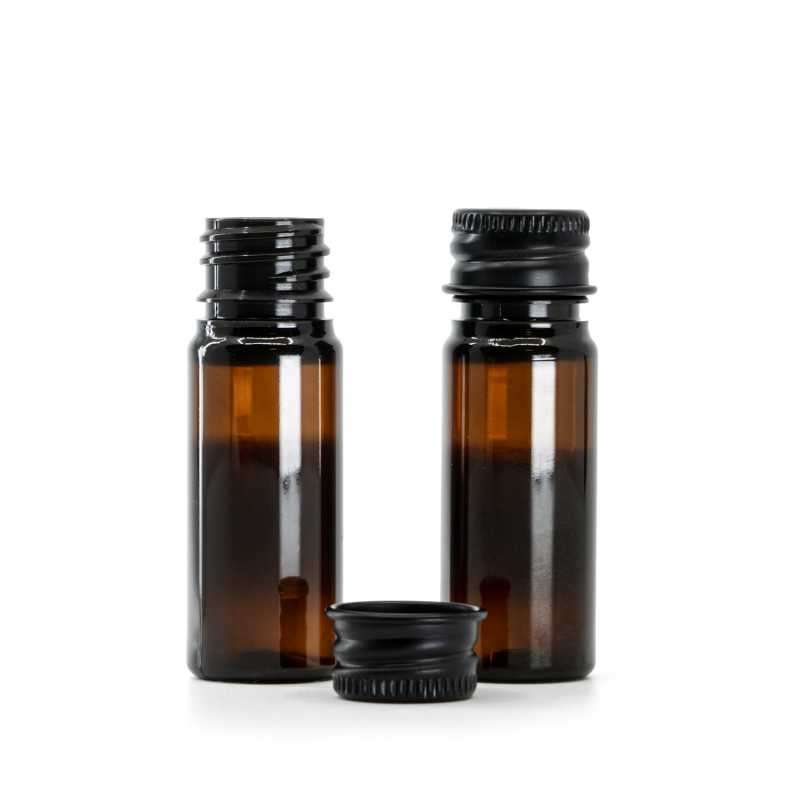 Flacon en plastique ambré, bouchon en aluminium noir, 10 ml