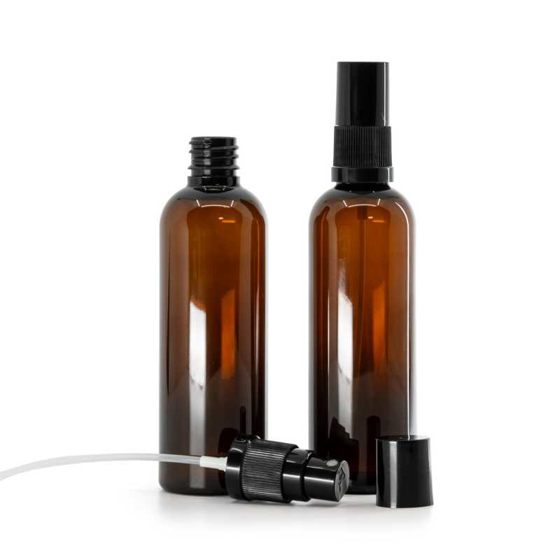 Bouteille en plastique ambrée, vaporisateur noir pour brume fine, bouchon noir, 100 ml