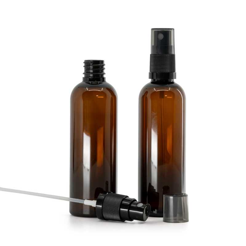 Flacon en plastique brun, spray brume fine noir, surcapuchon fumé, 100 ml