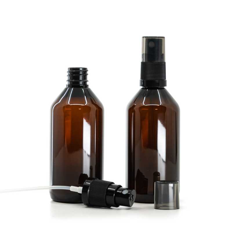 Flacon en plastique brun, spray brume fine noir, surcapuchon fumé, 115 ml