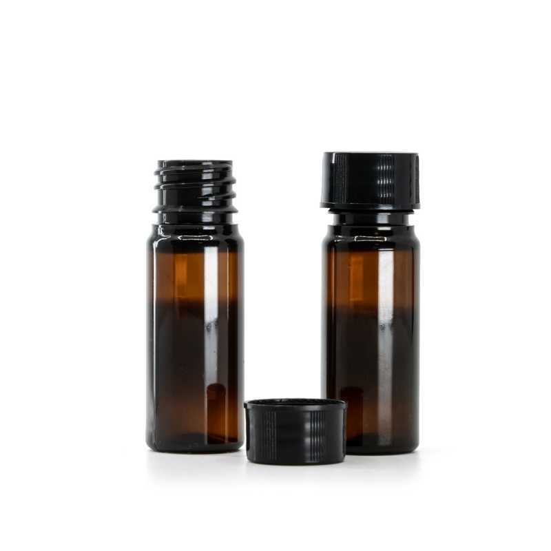 Flacon en plastique ambré, bouchon noir, 10 ml