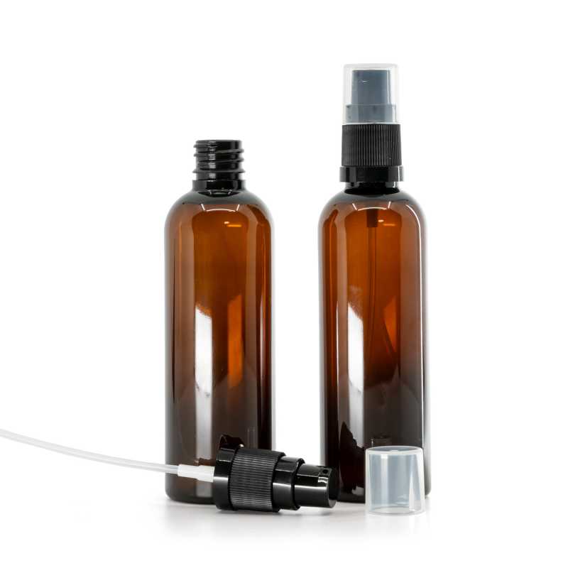 Bouteille en plastique ambrée, pompe à lotion noire, 100 ml