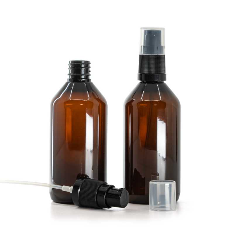 Bouteille en plastique ambrée, pompe à lotion noire, 115 ml