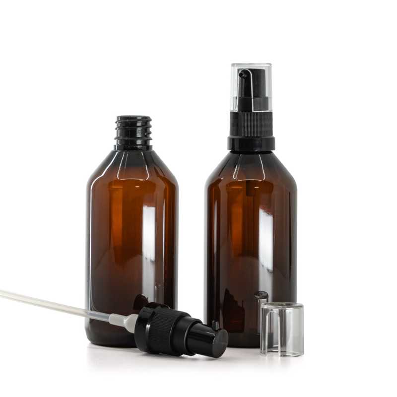 Bouteille en plastique ambrée, pompe à huile, 115 ml