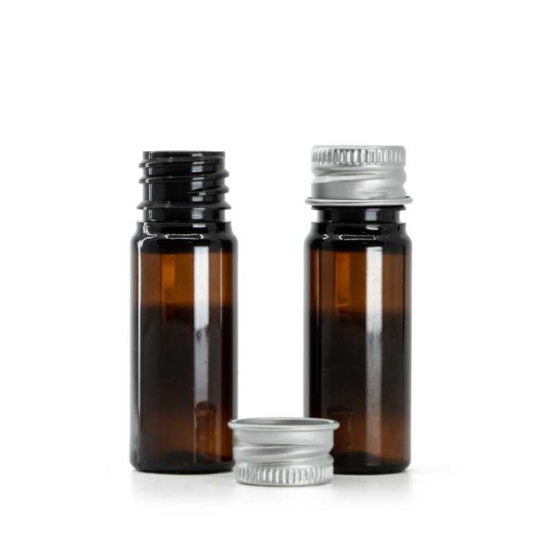 Flacon, plastique, ambré, bouchon aluminium argenté, 10 ml