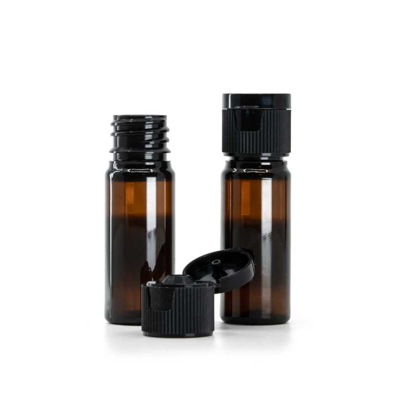Flacon en plastique ambré, bouchon en plastique noir, 18/410, 10 ml