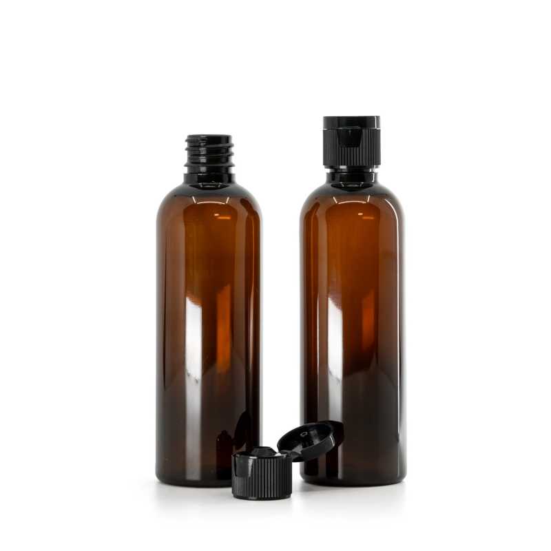 Bouteille en plastique ambrée, bouchon en plastique noir, 18/410, 100 ml