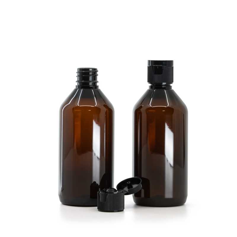 Bouteille en plastique ambrée, bouchon en plastique noir, 18/410, 115 ml