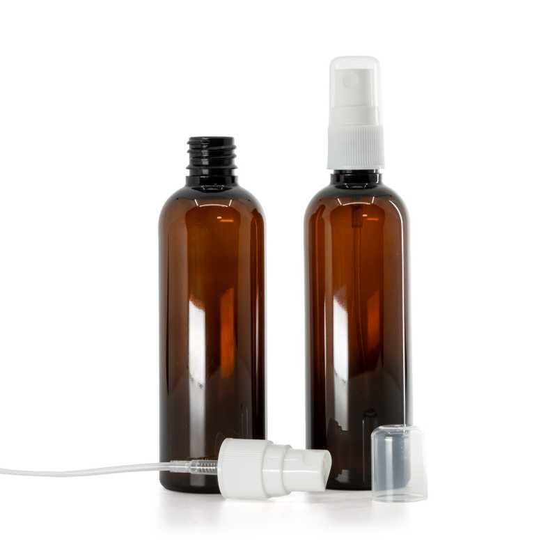 Bouteille en plastique ambrée, pompe blanche pour bouteille en plastique, 100 ml