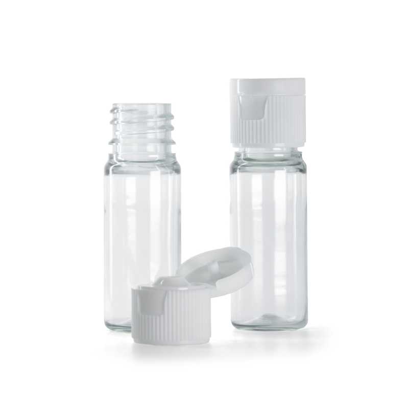 Flacon en plastique transparent, bouchon blanc, 18/410, 10 ml