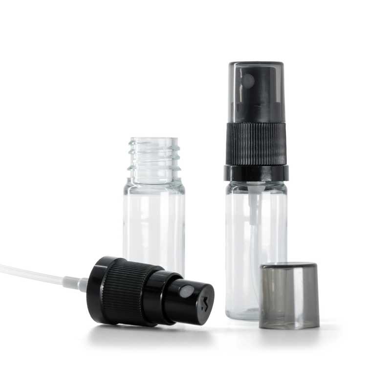 Flacon en plastique transparent, spray brume fine noir avec surcapuchon fumé, 10 ml