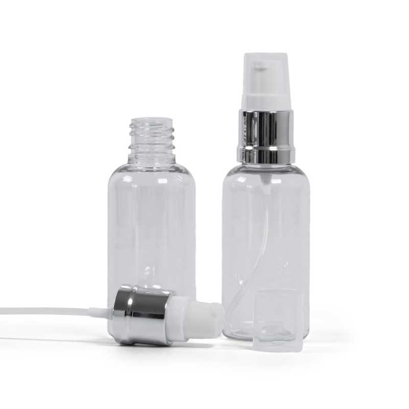 Flacon en plastique transparent, pompe brillante argentée blanche, 50 ml