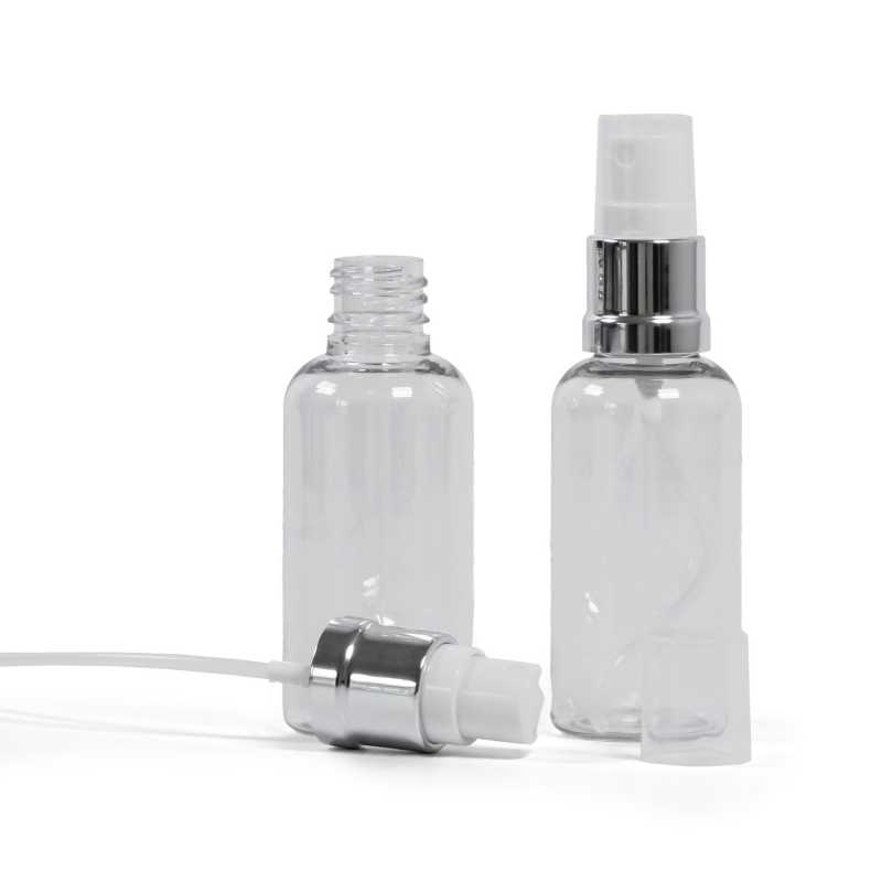 Flacon en plastique transparent, spray blanc argenté, 50 ml