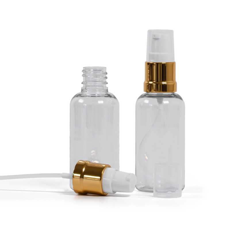 Flacon en plastique transparent, pompe en or blanc brillant, 50 ml