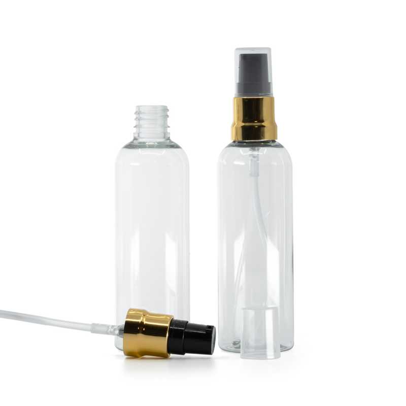 Bouteille en plastique transparent, pompe noire dorée brillante avec bouchon transparent, 100 ml