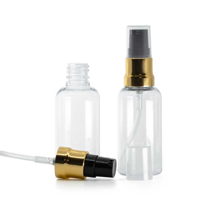Bouteille en plastique transparent, pompe noire dorée brillante avec bouchon transparent, 50 ml