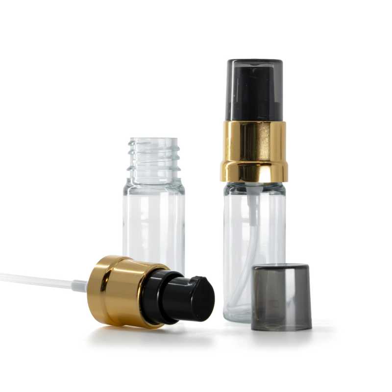 Flacon en plastique transparent, pompe noire et dorée brillante avec surcapuchon fumé, 10 ml