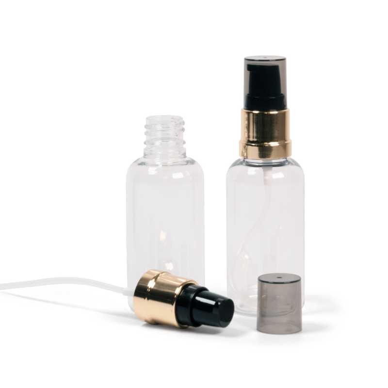 Flacon en plastique transparent, pompe noire et dorée brillante avec surcapuchon fumé, 50 ml