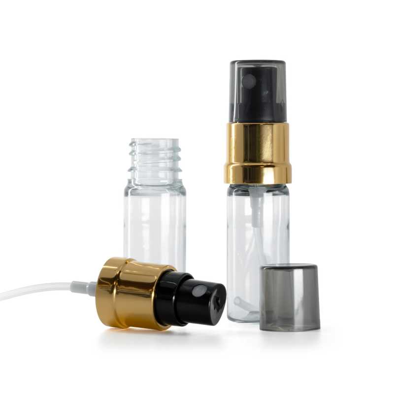 Flacon en plastique transparent, vaporisateur noir et or, surcapuchon fumé, 10 ml