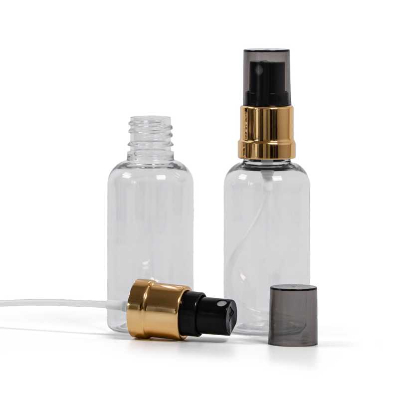 Flacon en plastique transparent, spray noir et or, surcapuchon fumé, 50 ml