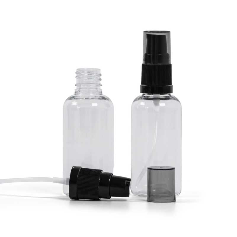 Flacon en plastique transparent, distributeur de crème noir avec surcapuchon fumé, 50 ml
