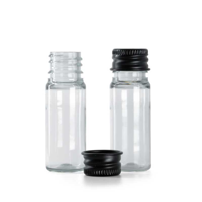 Flacon en plastique transparent, bouchon en aluminium noir, 10 ml