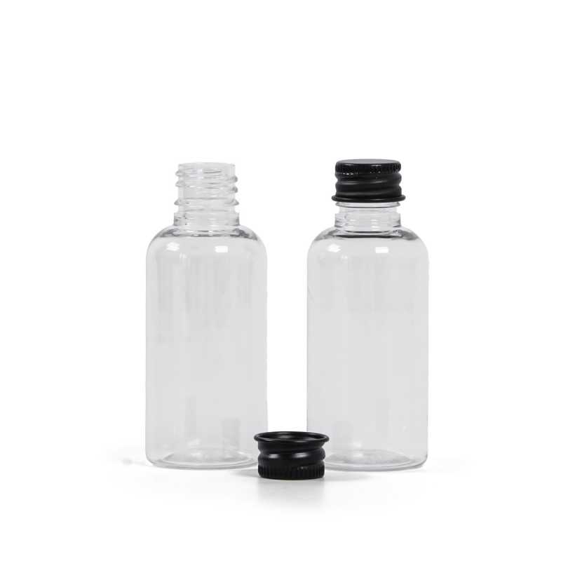 Bouteille en plastique transparent, bouchon en aluminium noir, 50 ml