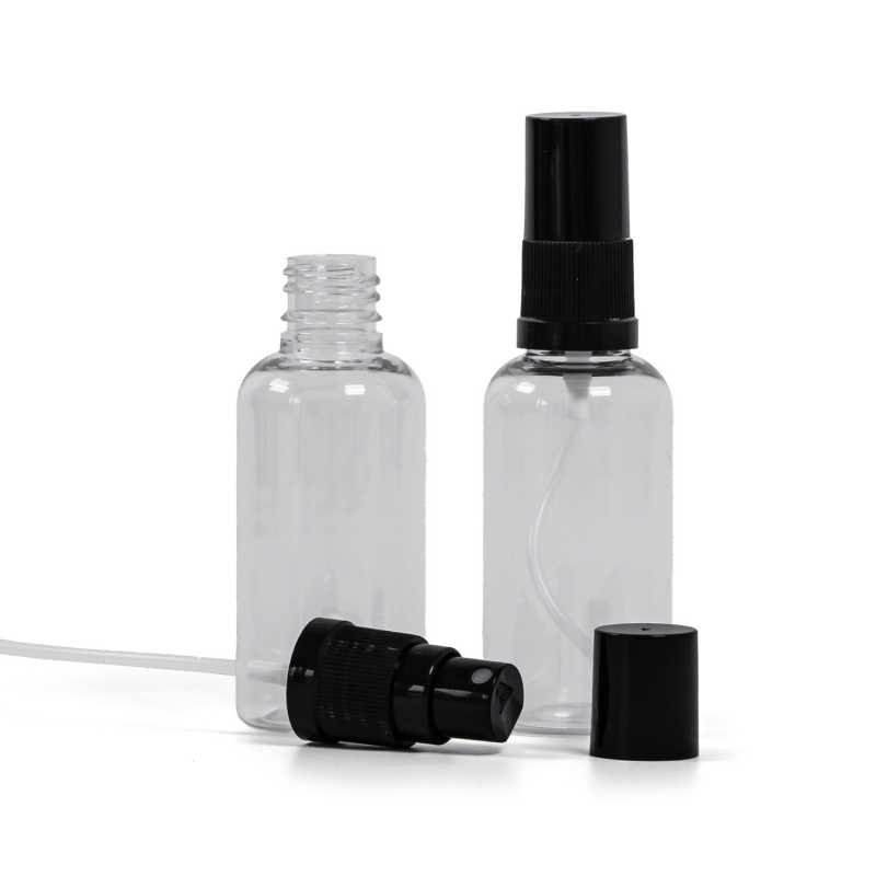 Bouteille en plastique transparent, vaporisateur noir pour brume fine, bouchon noir, 50 ml