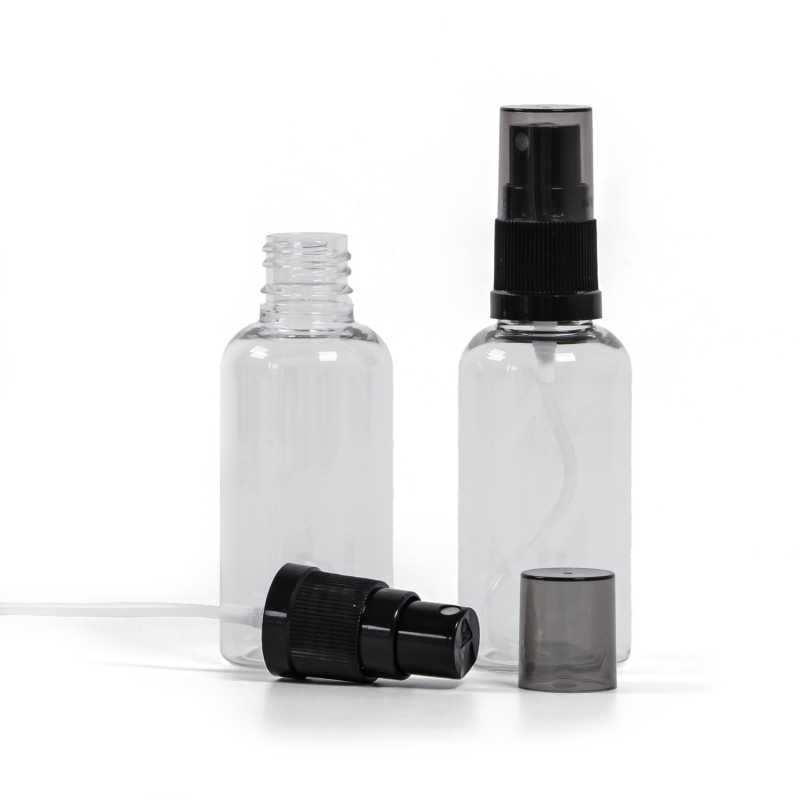 Flacon en plastique transparent, spray brume fine noir, surcapuchon fumé, 50 ml