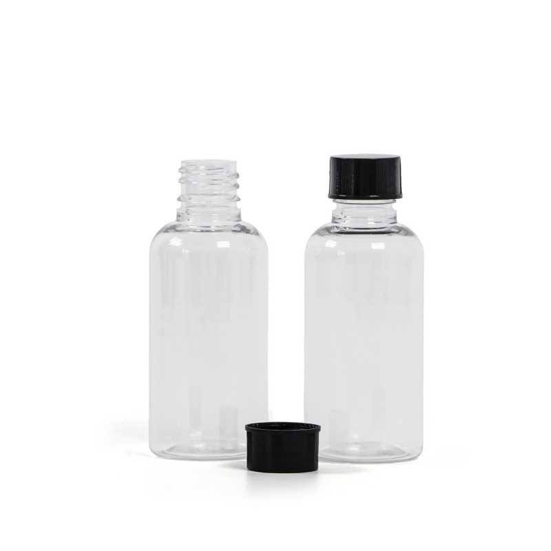 Bouteille en plastique transparent, bouchon noir, 50 ml