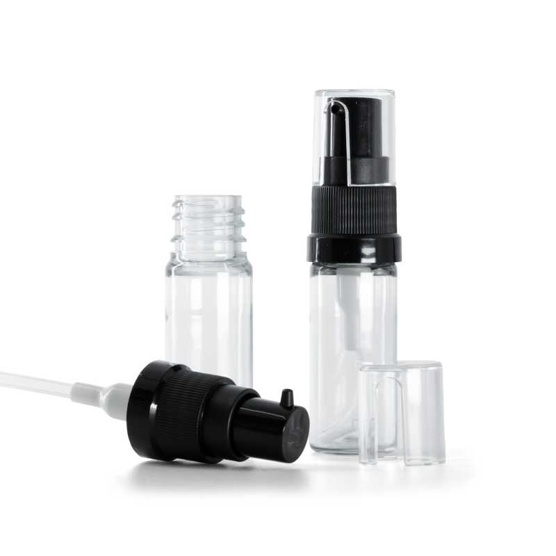 Flacon en plastique transparent, pompe à huile en plastique noir, 18/410, 10 ml