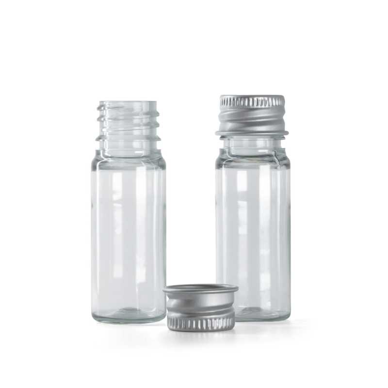 Flacon en plastique transparent, bouchon en aluminium argenté, 10 ml