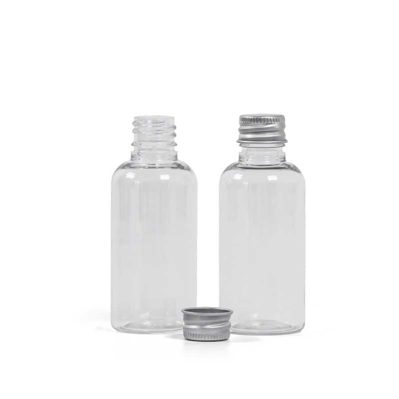 Bouteille en plastique transparent, bouchon en aluminium argenté, 50 ml