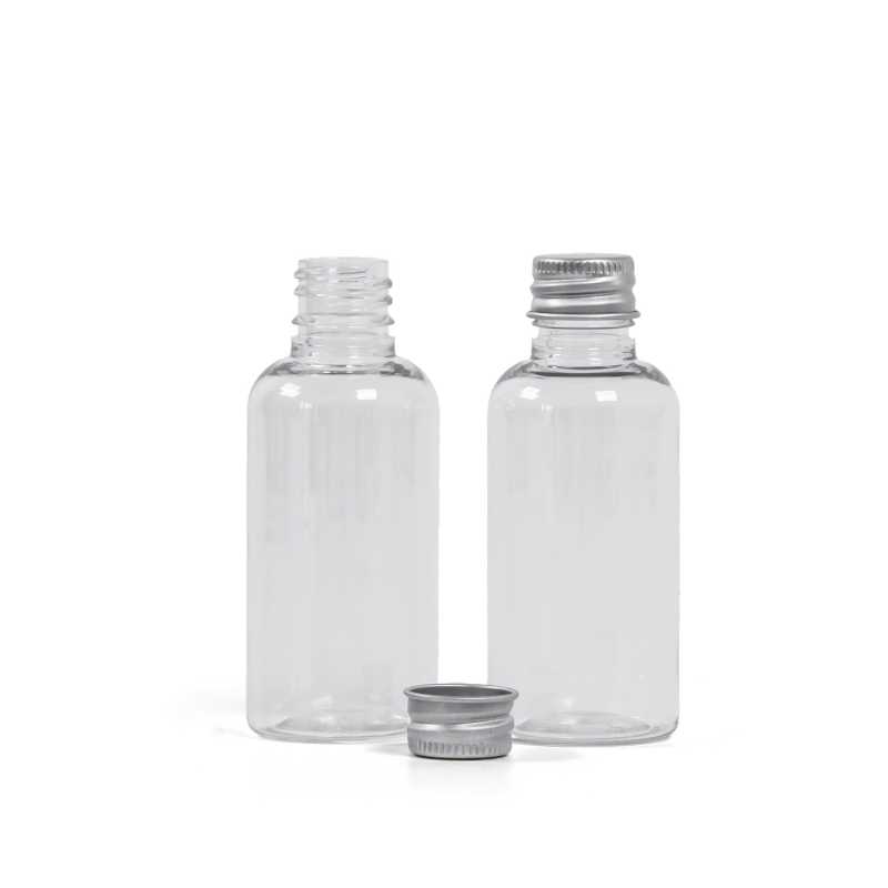 Flacon en plastique, transparent, capsule aluminium argentée, 50 ml