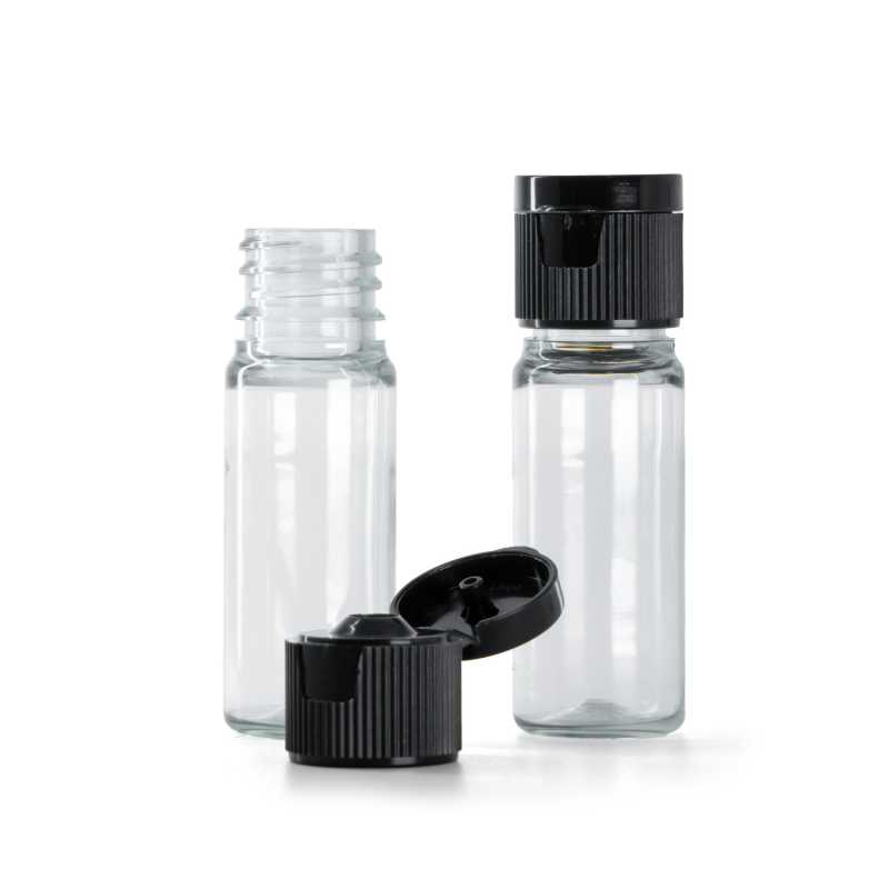 Flacon en plastique transparent, bouchon en plastique noir, 18/410, 10 ml