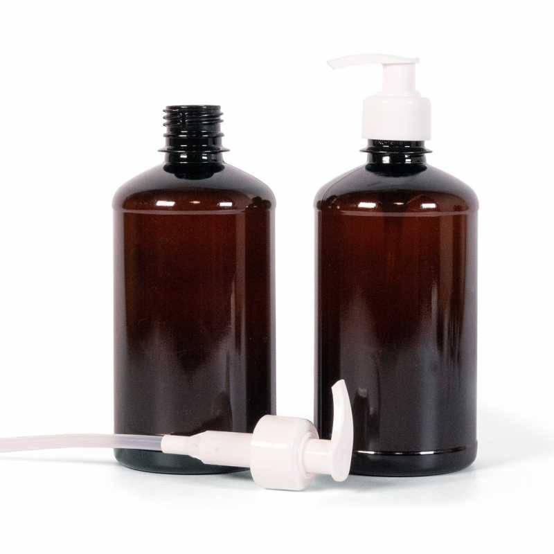 Bouteille en plastique marron, pompe blanche, 500 ml