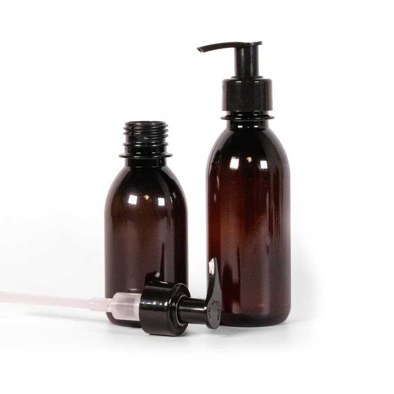 Bouteille en plastique marron, pompe noire, 200 ml