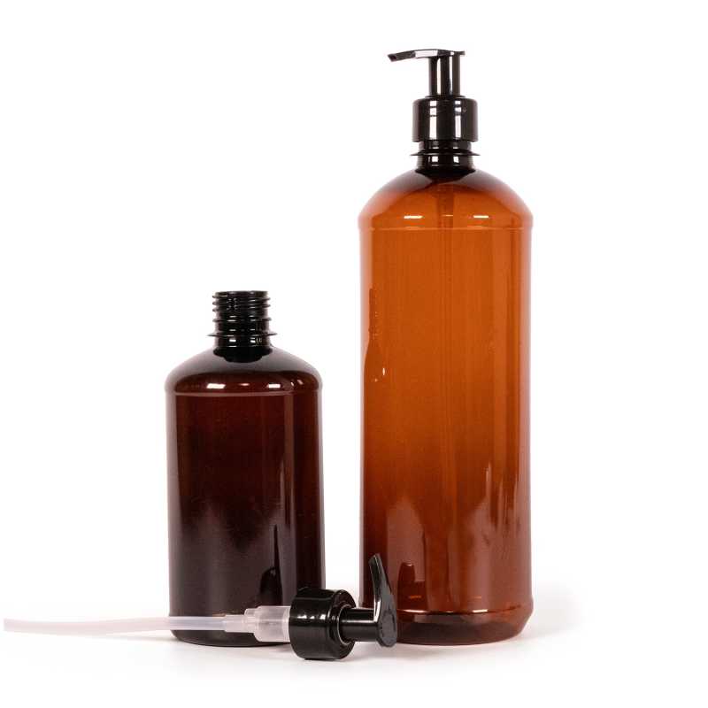 Bouteille en plastique marron, pompe noire, 500 ml