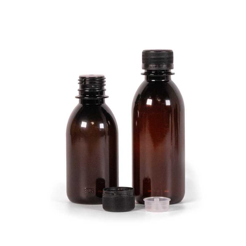 Flacon en plastique brun, bouchon noir inviolable et compte-gouttes, 200 ml