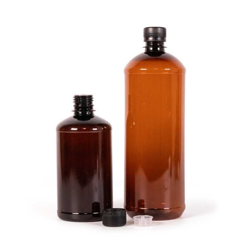 Bouteille en plastique marron, bouchon noir inviolable et compte-gouttes, 500 ml