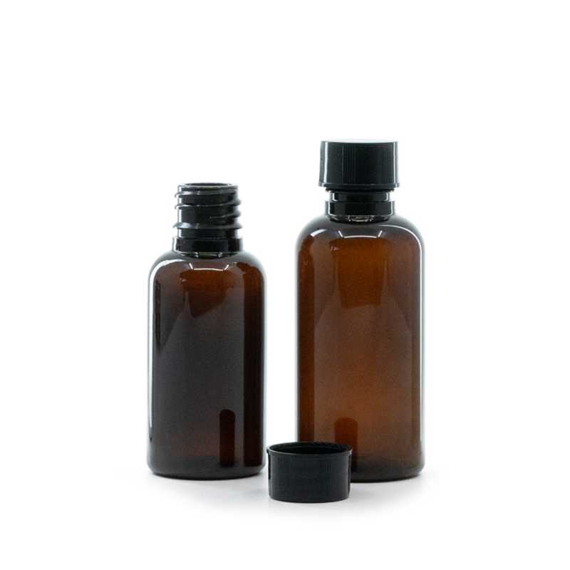 Bouteille en plastique ambrée, bouchon noir, 30 ml